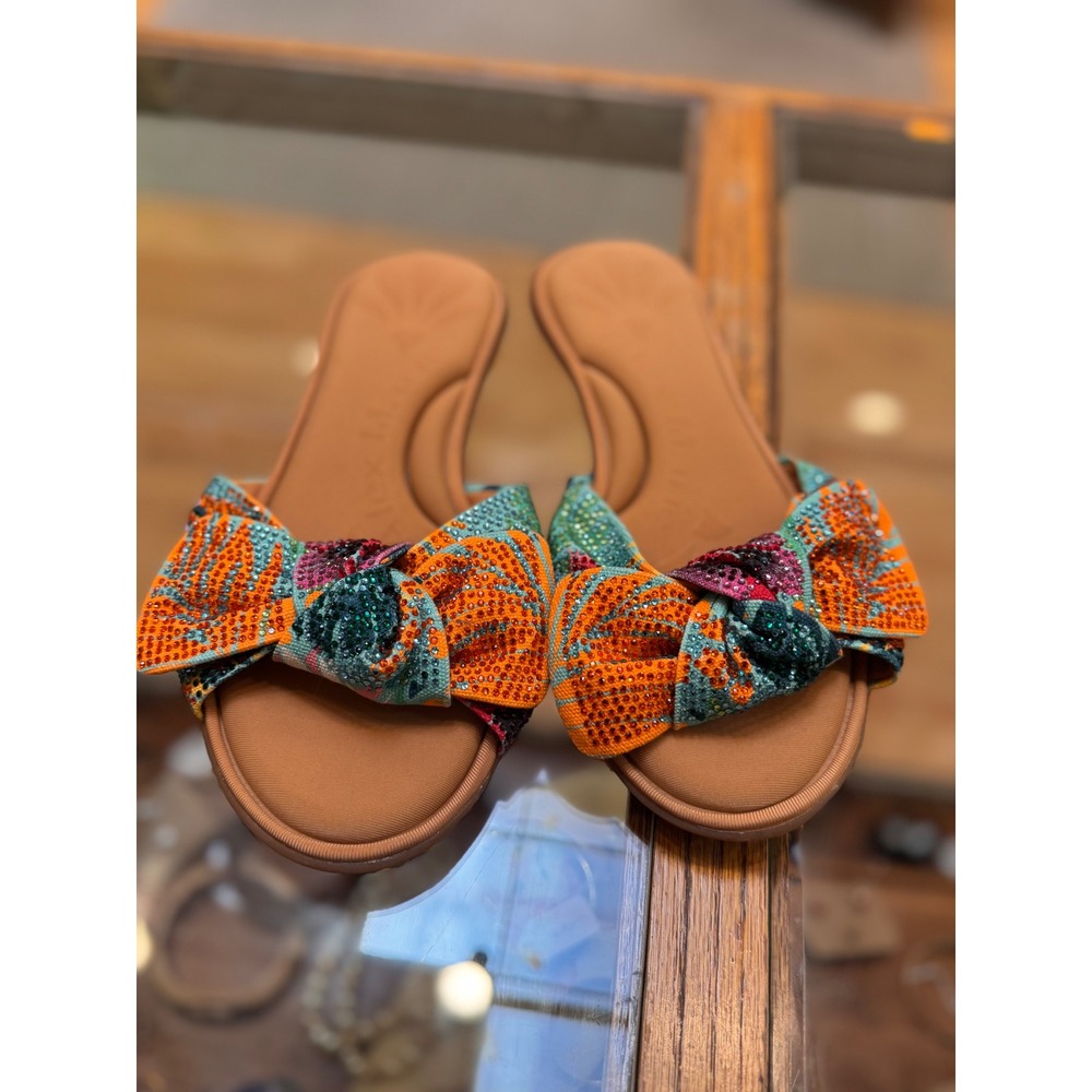 Alex Marie Rhinestone Bow Slide Sandals Orange Teal Multi Color Flat Shoes 7.5M